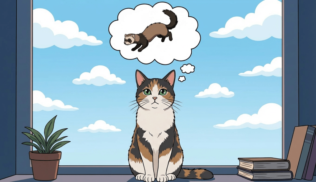 A cat sits on a windowsill under a glowing orb showing a ferret in a forest.