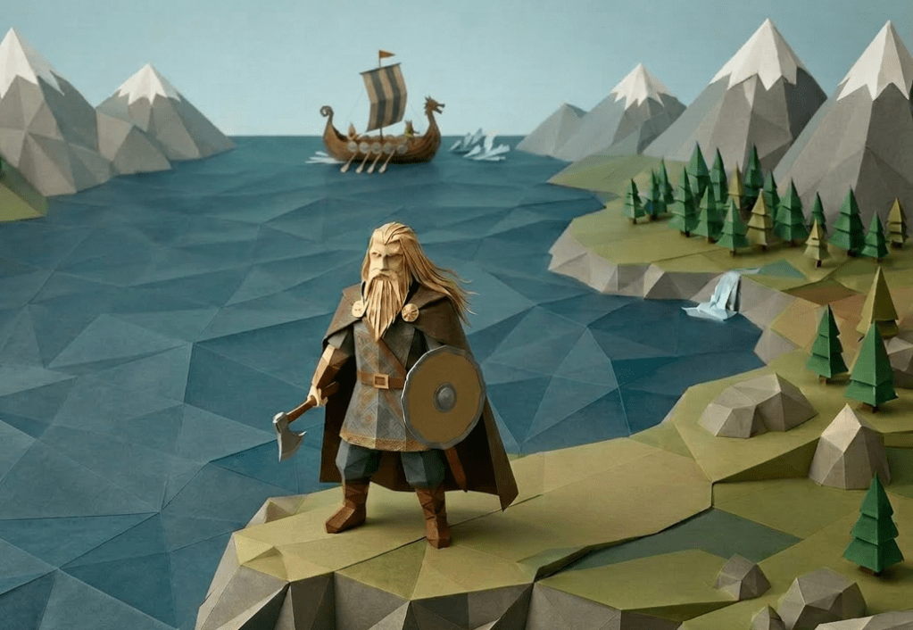 Papercraft Viking King Harald Hårfagre with longboats, mountains, and village