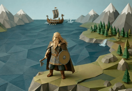 Papercraft Viking King Harald Hårfagre with longboats, mountains, and village